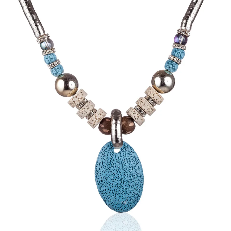 Мода женские украшения ожерелья и кулоны красивый синий вулканический камень длинное ожерелье женщин ожерелье Mujer Colar колье Kolye - Окраска металла: A