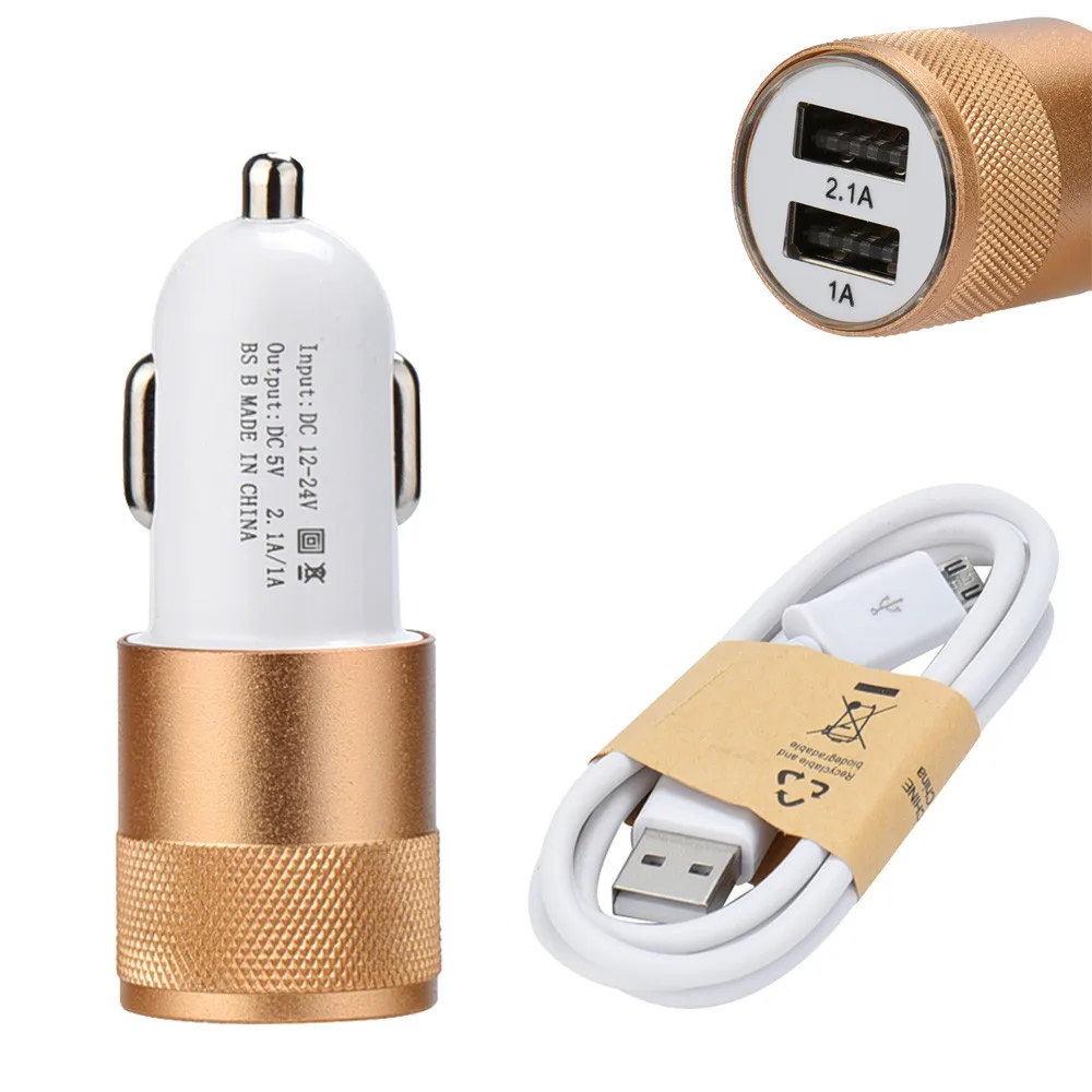 Dual USB 2 Port Car Charger Adapter + Micro USB Charge Cable For