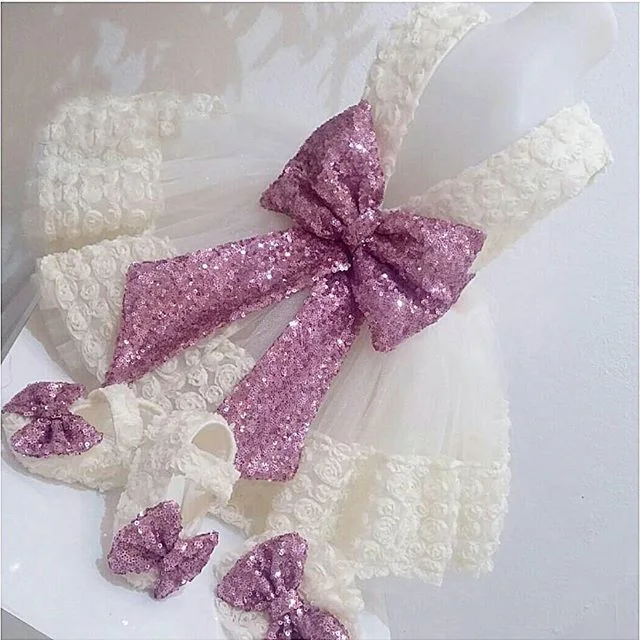 

Cute 3D Flower Lace White/ivory flower girl dress baby toddler tulle birthday gown for wedding and party with purple sequin bow