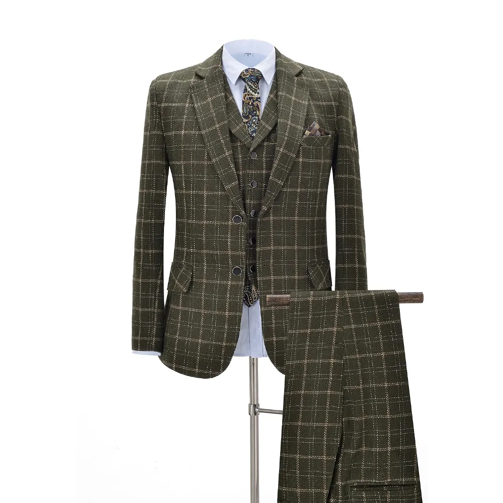 

Men Suits 3 Pieces Slim Fit Business Suits Groom Army Green Noble Plaid Wool Tuxedos for Formal Wedding suit(Blazer+Pants+Vest)