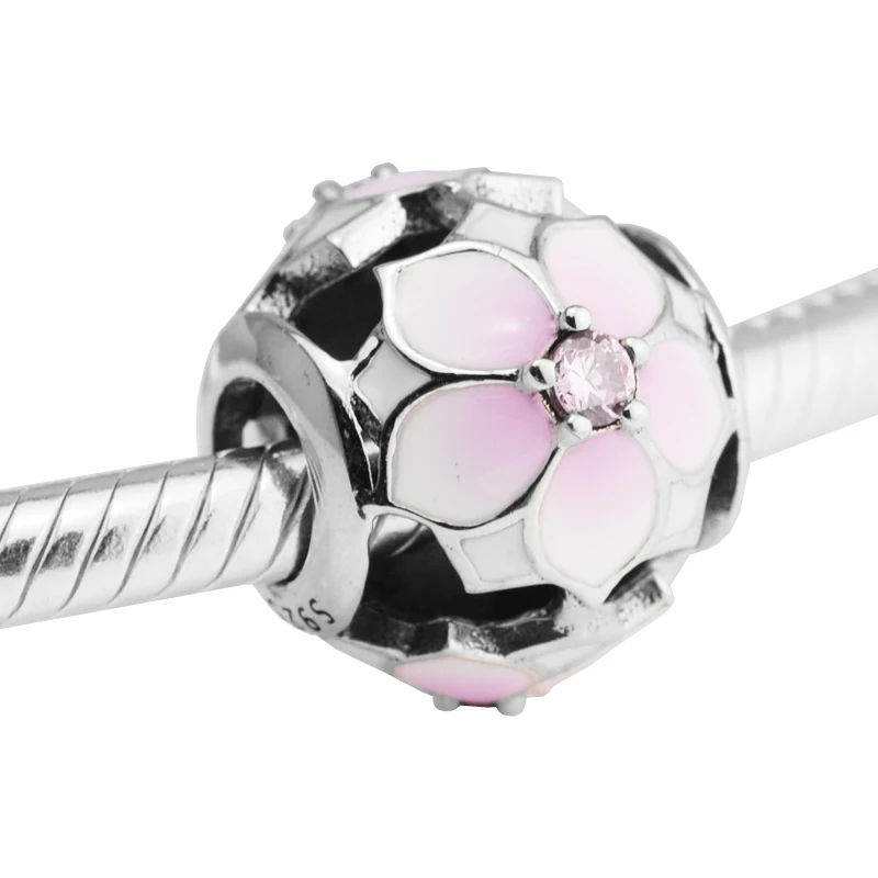 

100% 925 Sterling-Silver-Jewelry Magnolia Bloom Pale Cerise Enamel & Pink Jewelry Fits Silver Charms Bracelet For Women DIY