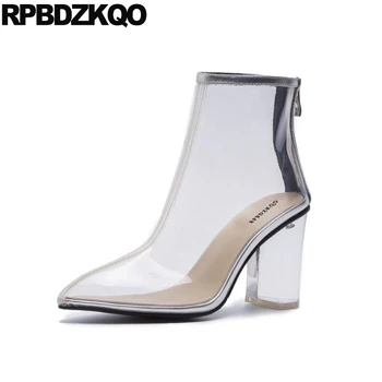 

luxury brand shoes women high quality fall designer transparent 2018 pointed toe ankle heel chunky short clear autumn european