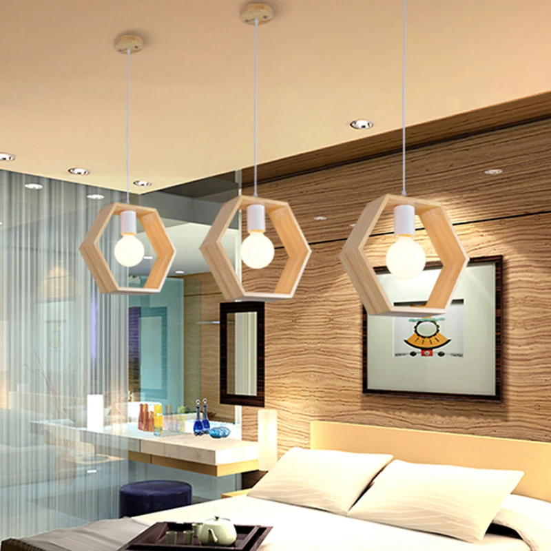 Nordic Wooden Pendant Lights Triangle Square Hexagon Geometry Drop Lighting Oak Wood Pendant Lamp Interior Design Home Lights (10)