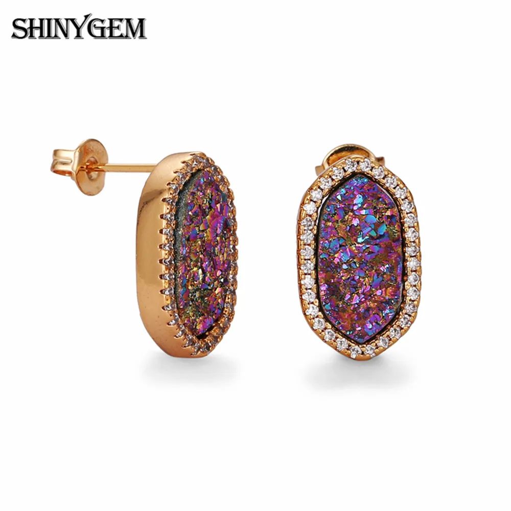 ShinyGem, модные овальные серьги с кристаллами, шестигранная чакра, натуральный камень, серьги с золотым покрытием, красочные серьги-гвоздики Druzy для женщин
