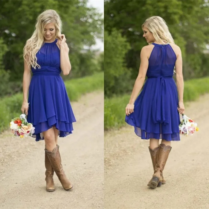 Country Western Style Royal Blue Short Bridesmaid Dresses
