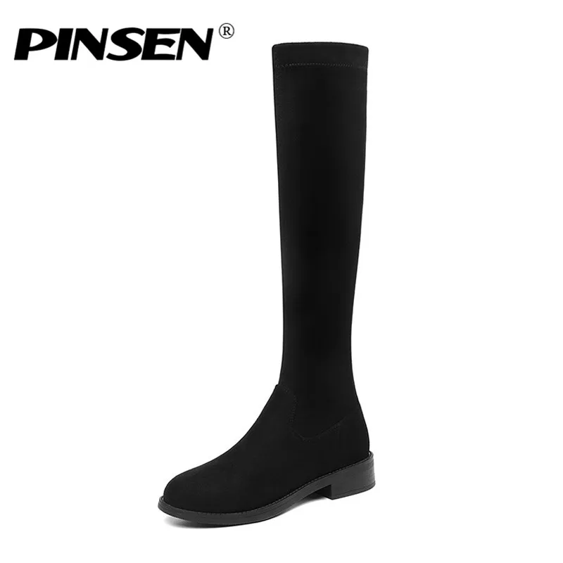 

PINSEN 2019 Fashion Winter Women Knee-High Boots Square Heels Winter Boots Shoes Round Toe Sexy Elastic Fabric Women Boots