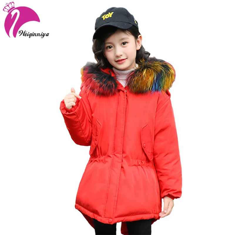 

Teenage Girls Winter Jackets Children Warming Long Fur Hooded Coat Fashion Cotton Down & Parkas Zipper Jacket Outwear Clothing