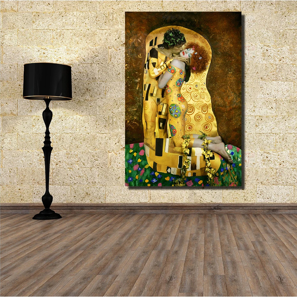 JQHYART холст искусство настенные картины для гостиной Gustav Klimt Sytle поцелуй фото с изображением картины маслом принты для домашнего декора