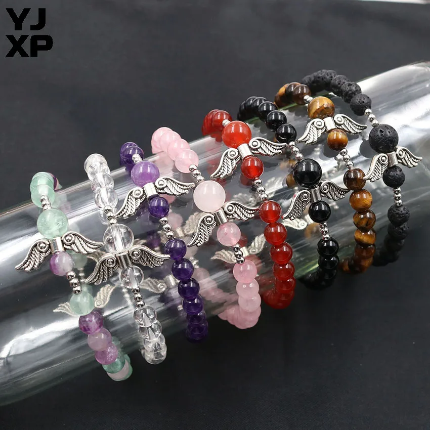 

YJXP Handmade 6mm Natural Beads Rock Crystal Quartzs Mixed Colors DIY Women Reiki Freedom Angel Wings Bracelet Charms Jewelry
