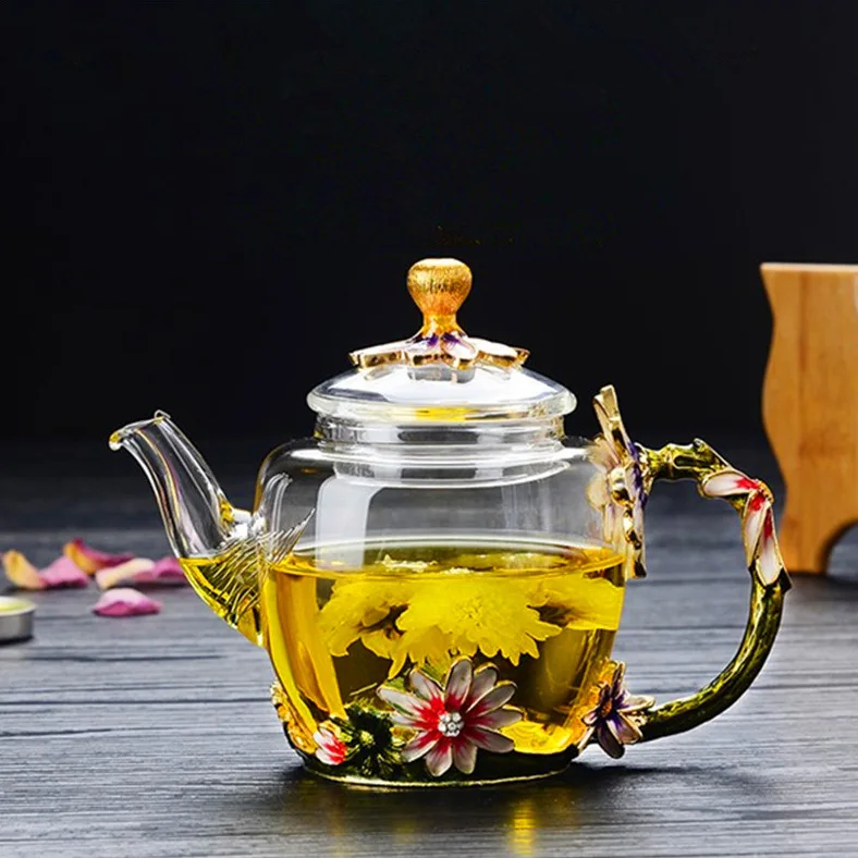 Enamel Glass Teapot Luxury Crystal Glass Flower Tea Pot High Grade Heat