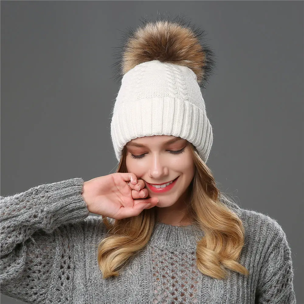 Beanie Women Winter Hat Warm Wool Knit Cap Raccoon Pom Pom Headwear Soft Autumn Casual Outdoor Ski Skullies Snow Accessory (1)