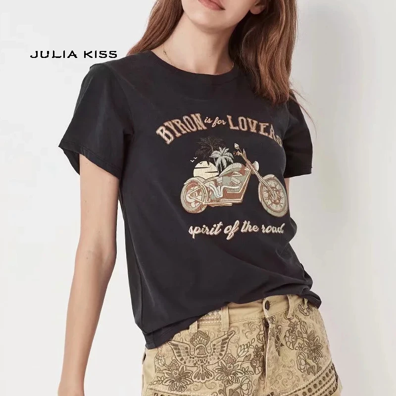 

Women Motorcycle Print Front Relaxed T-shirt in Black