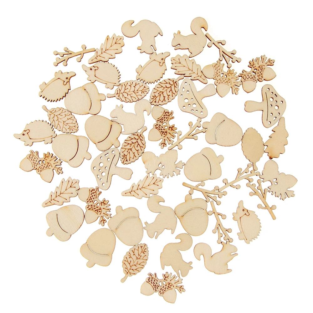 

50PCS/set Mixed Wooden Craft Squirrel Leaves Mushroom Shape Scrapbooking Hedgehog Decoration Embellishments