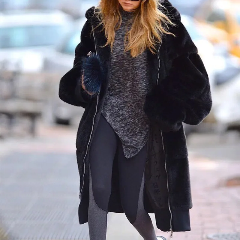 Зимнее меховое теплое пальто с капюшоном, большой размер, средней длины, однотонное, с мехом и искусственным мехом, для женщин, новинка, повседневное, с длинным рукавом, женское меховое пальто NUW90