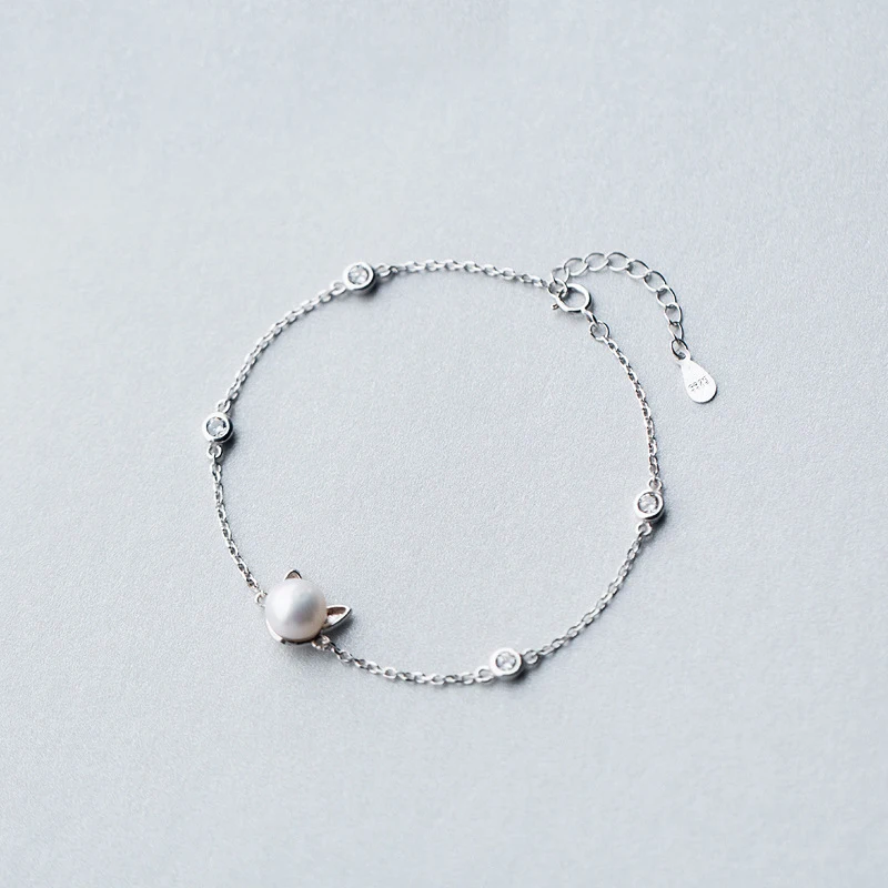 

MloveAcc Imitation Pearl Bracelets Cat Animal Ear Shape Bracelet Bangle 925 Sterling Silver for Women Hypoallergenic Jewelry