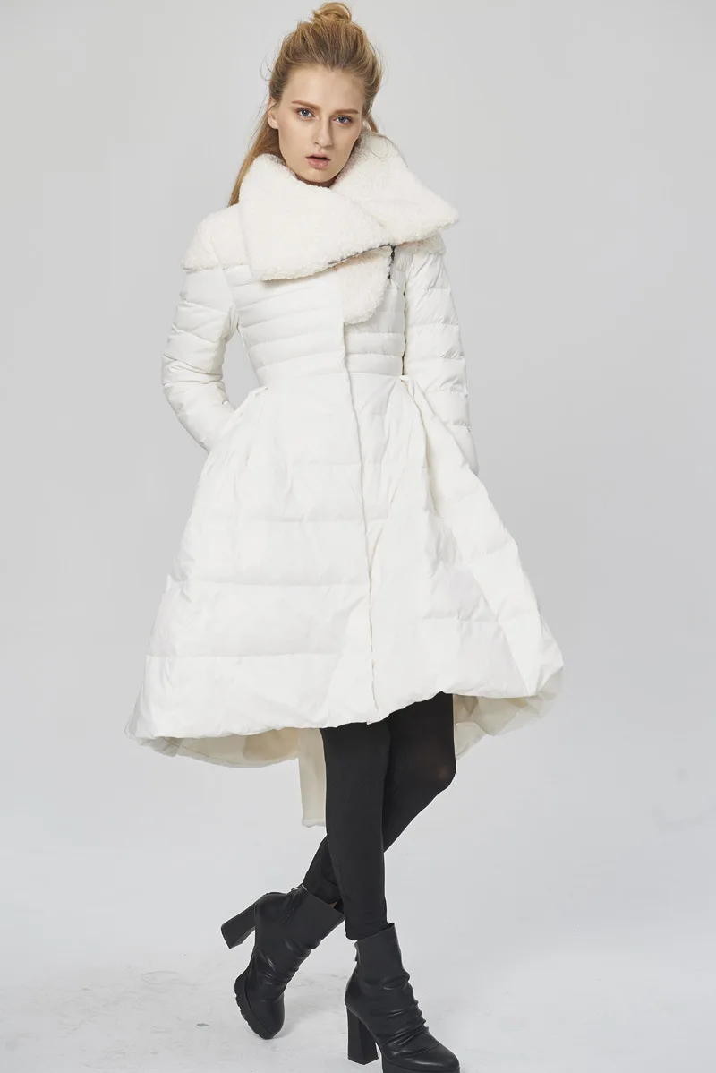 Зимнее стильное Оригинальное модельное дизайнерское тонкое привлекательное тонкое пуховое пальто с большим подолом для девочек Женский пуховик 80988-1