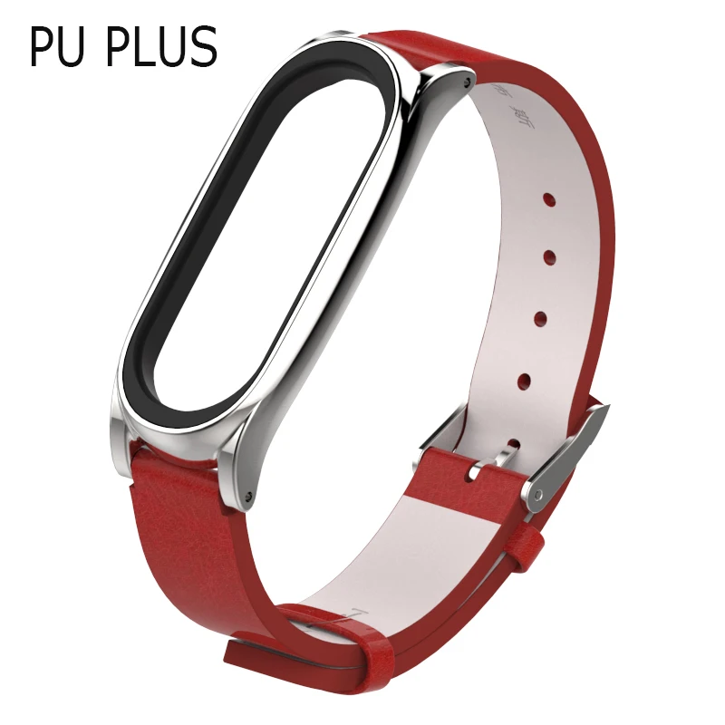 PUplus-red silver Для mi Band 3 ремешок с металлической рамкой из искусственной кожи ремешок для Xiaomi mi Band 3 Аксессуары для смарт-браслета mi band 3 PU Plus кожаный ремешок - Цвет: PUplus-red silver