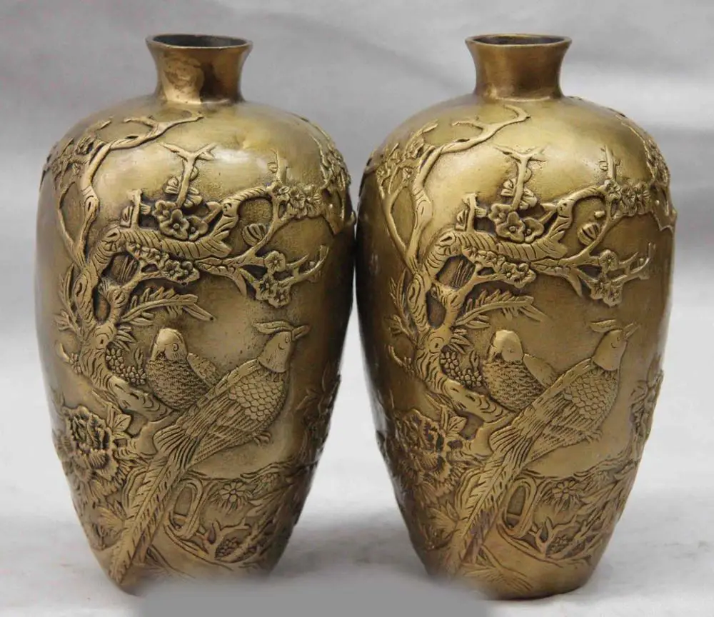 

China Copper Bronze plum blossom Peony Magpie Bird Bottle Jar Vase Pair SD 506