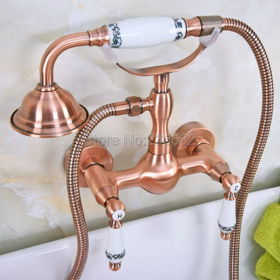 

Antique Red Copper Wall Mounted Bathroom Handheld Shower Faucet Set Dual Handle Mixer Tap lna307