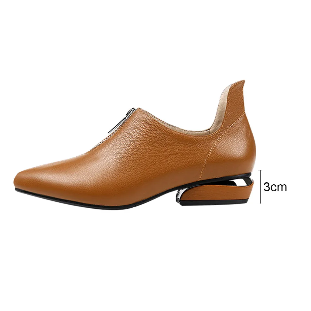 Женские модные однотонные кожаные туфли на низком квадратном каблуке с острым носком на молнии