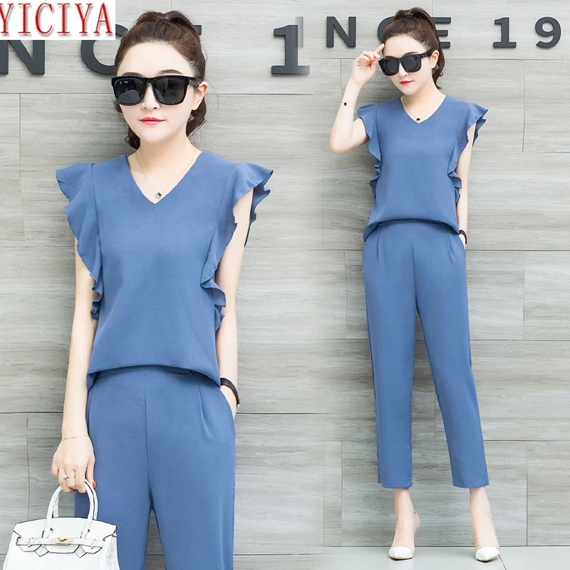 

Ruffles 2 Piece Set Women Chiffon Pant and Top 2019 Summer Plus Size Co-ord Set Outfits Tracksuit Sportswear sleeveless clothing