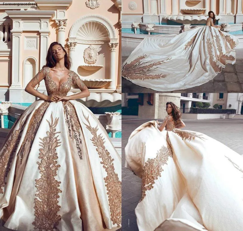 

2019 New Princess Wedding Dress African Arabic Dubai Long Sleeve Gold Appliques Church Formal Bride Bridal Gown Plus Size