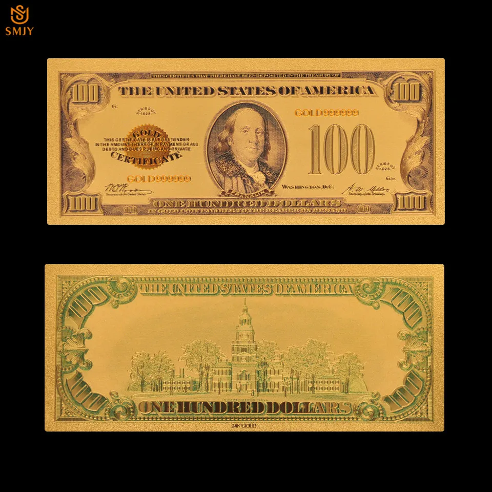 Коллекция 1928 цветных банкнот США 100 долларов 24kin Позолоченные искусственные