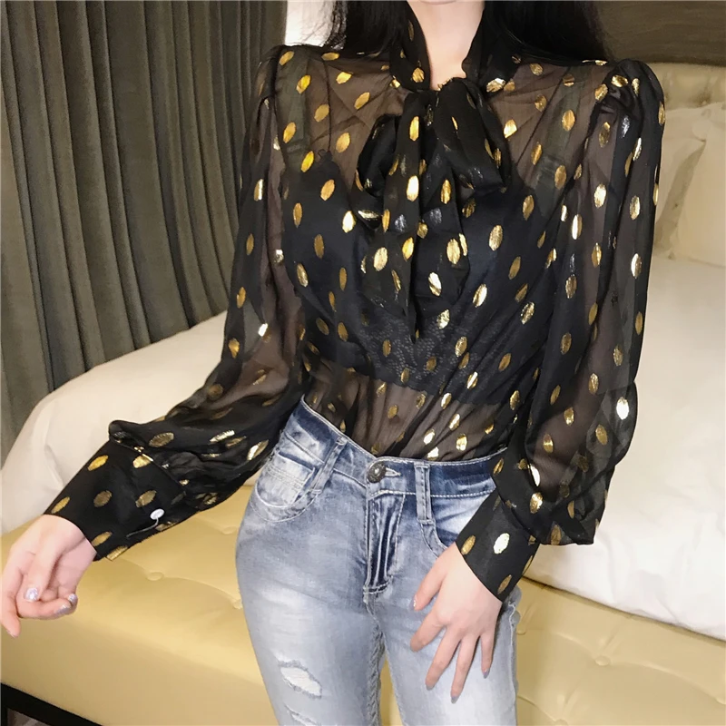 

Spring Autumn Girls Printing Dot Chiffon Bow Neck Blouses Shirt Women Long Sleeve Shirts Tops For Female DX7640