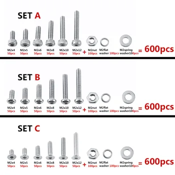 

600pcs/set M2 Screws 304 Stainless Steel Hex Socket Screws Bolts With Hex Nuts Washers Assortment Kit Cap/Button/Flat Head