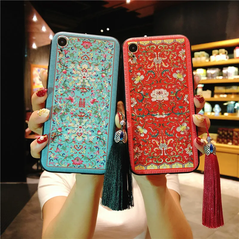 

Fashion Chinese Style Phone Case for IPhone X 6 6S 7 8 Plus with Tassel Luxury Embossed embroidery Pattern Lovers Cases
