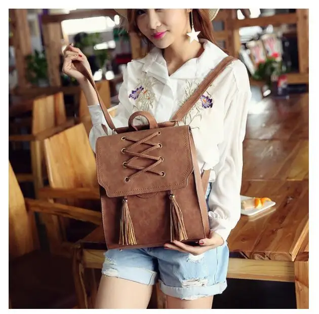 1 piece Pu Leather bandage Tassel Square Weave Women Backpack School bag for teenager Girls Female