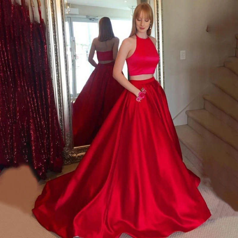 Vestido De rojo largo con cuello Halter, dos piezas, A, sin mangas, De noche, Formal, con bolsillos|Vestidos graduación| - AliExpress