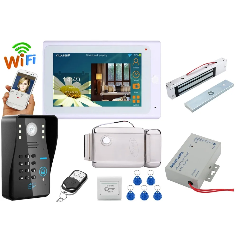 

Home set 7" TFT Wired / Wireless Wifi RFID Password Video Doorbell Intercom System with Electric Drop Bolt LockWired CCD Camera