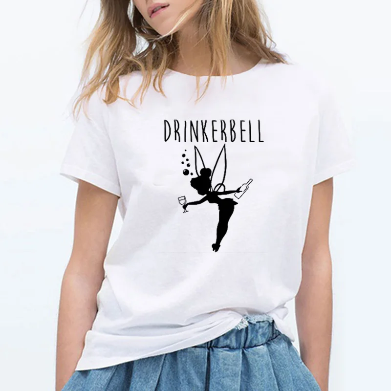 T قميص المرأة الأزياء إلكتروني المطبوعة Drinkerbell مضحك قصير كم فتاة الطباعة الصيف قمم المتناثرة س الرقبة محب المحملة