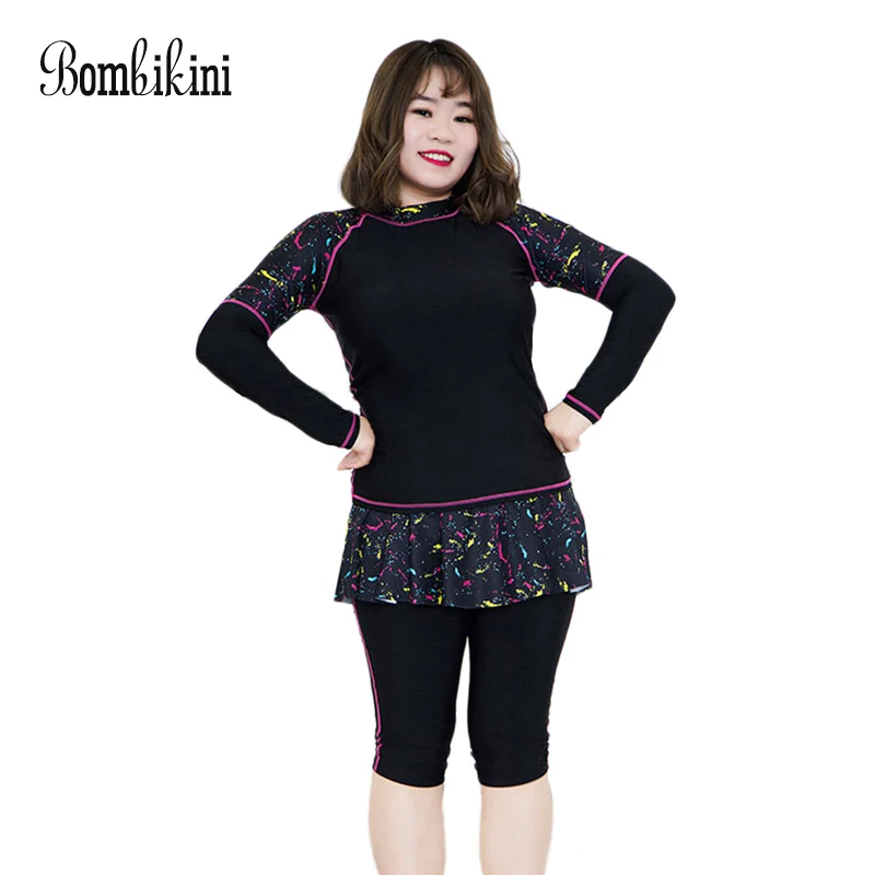 

Big Size Swimwear Women Surfing Wear Sport Long Sleeve Swimsuit Rash Guards Printed Tankini Long Boyshorts Bathing Suit 6XL
