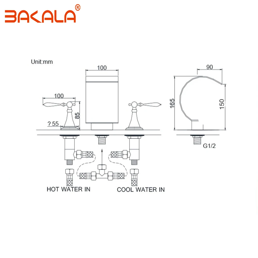 BAKALA смесители для раковины латунь хром бортике Водопад Ванная Комната Смесители для раковины 3 отверстия двойная ручка кран горячей и холодной воды