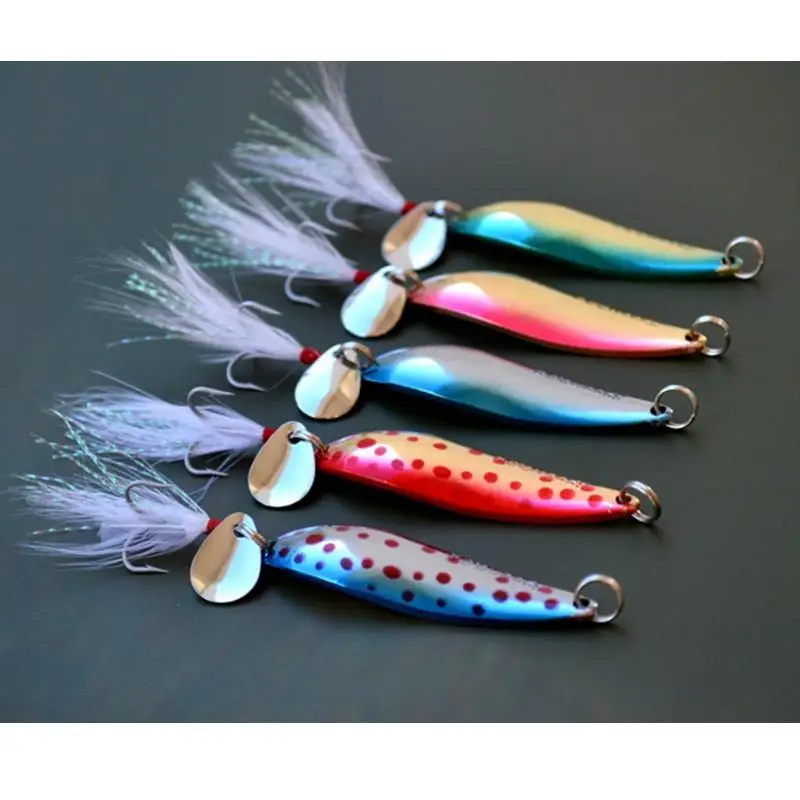 5Pieces/Lot Top Quality Metal fishing lure Spoon Fly fishing Norwegian Mustad Feather Hook Noise