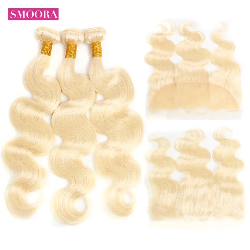 

613 Bundles with Frontal Brazilian Body Wave with Frontal Non Remy 613 Blonde Human Hair Bundles with Baby Hair Closure Smoora