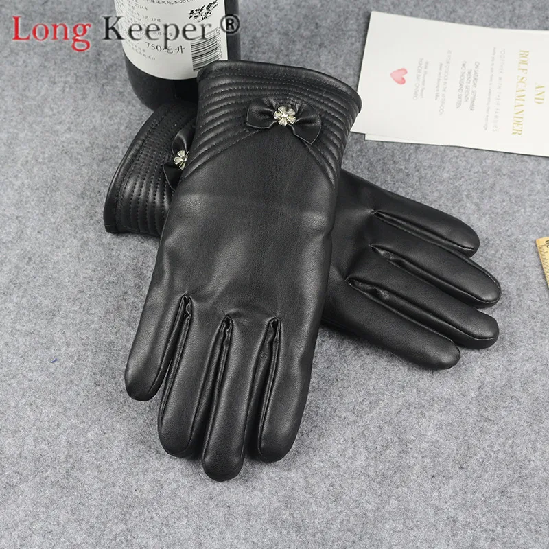 

Long Keeper Woman Gloves Mittens PU Leather Velvet Touch Screen Bow Knot Elegant Fall Winter Female Black Driving Warm Fashion