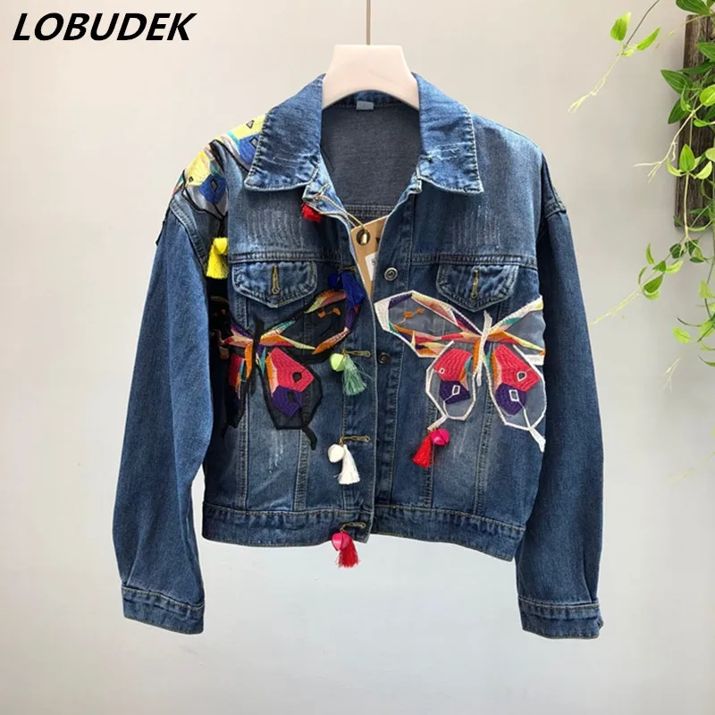 New Women Butterfly Embroidery Jean Jacket Basic Coats Spring Autum