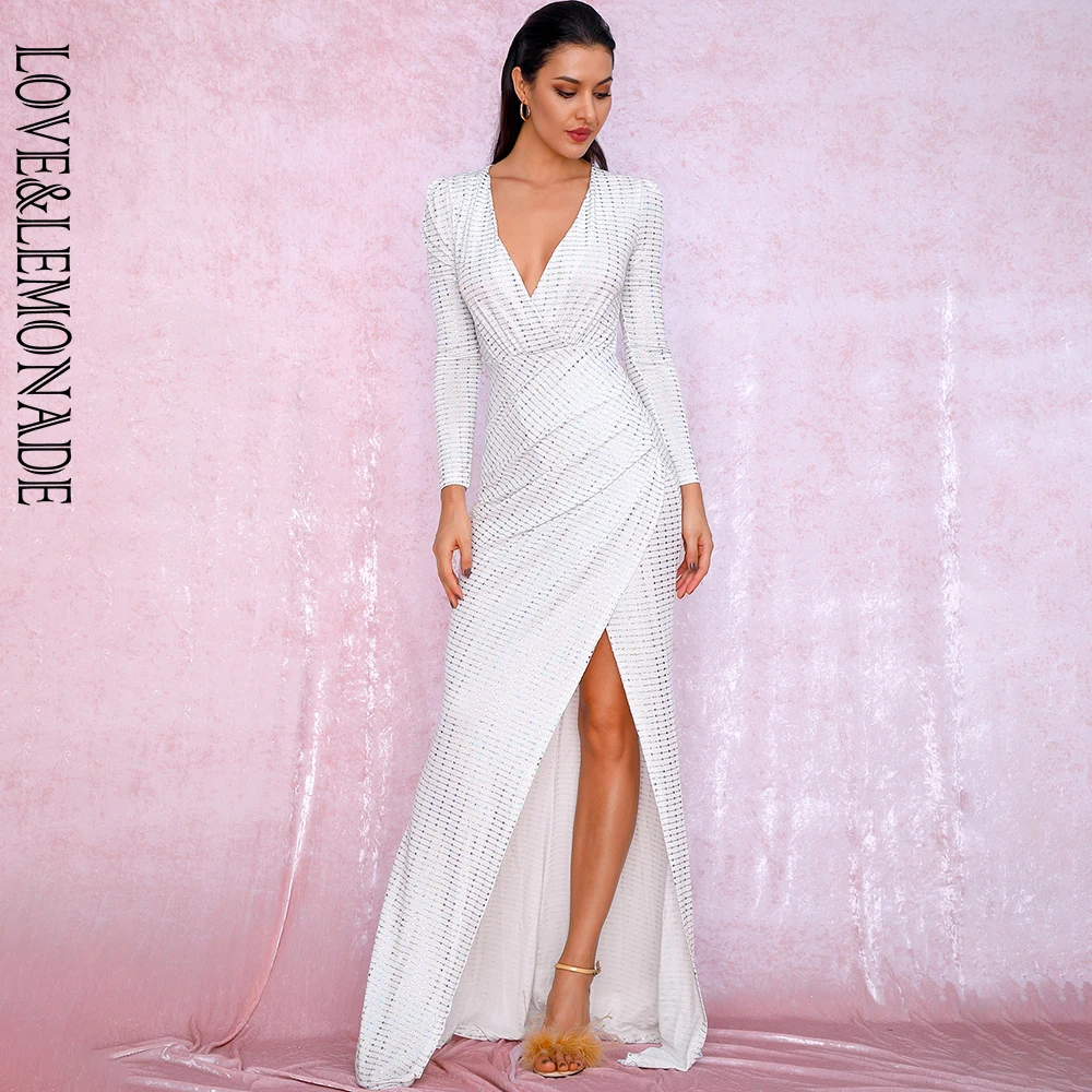 Love& Lemonade сексуальное Белое длинное платье с глубоким v-образным вырезом и рукавами-фонариками с блестками из эластичного материала LM81715 осень/зима