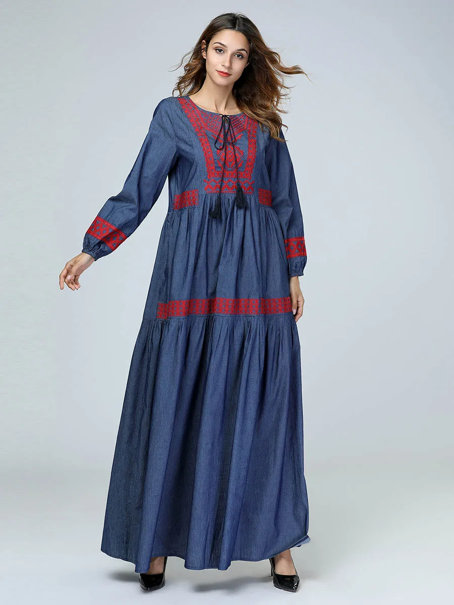 Повседневное вышивка Абая, для мусульман Рамадан Ближний Восток Костюмы Цветочные Макси платье Сгущает Теплый халат длинные халаты