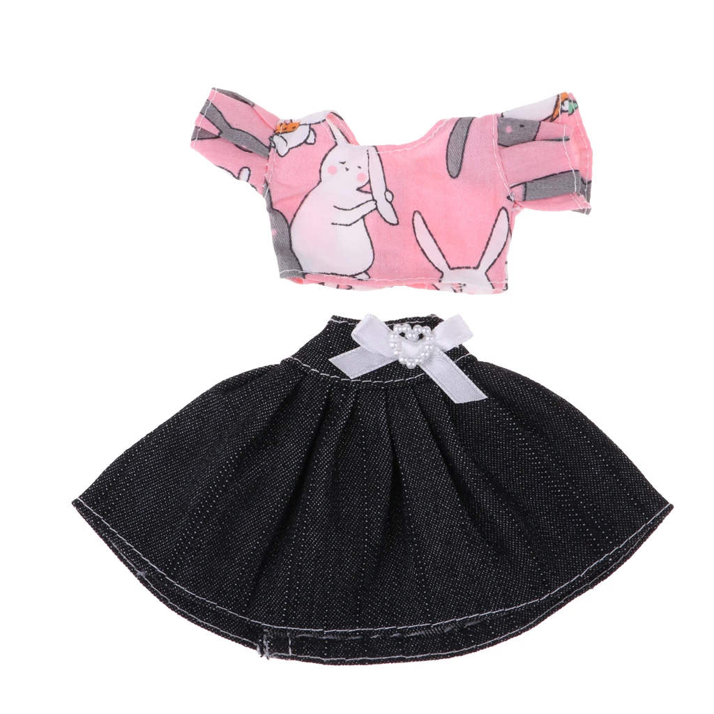 Trendy Garment Clothing Short Sleeve Rabbit Tops and  Denim Jean Dress Skirts For   Doll Pink