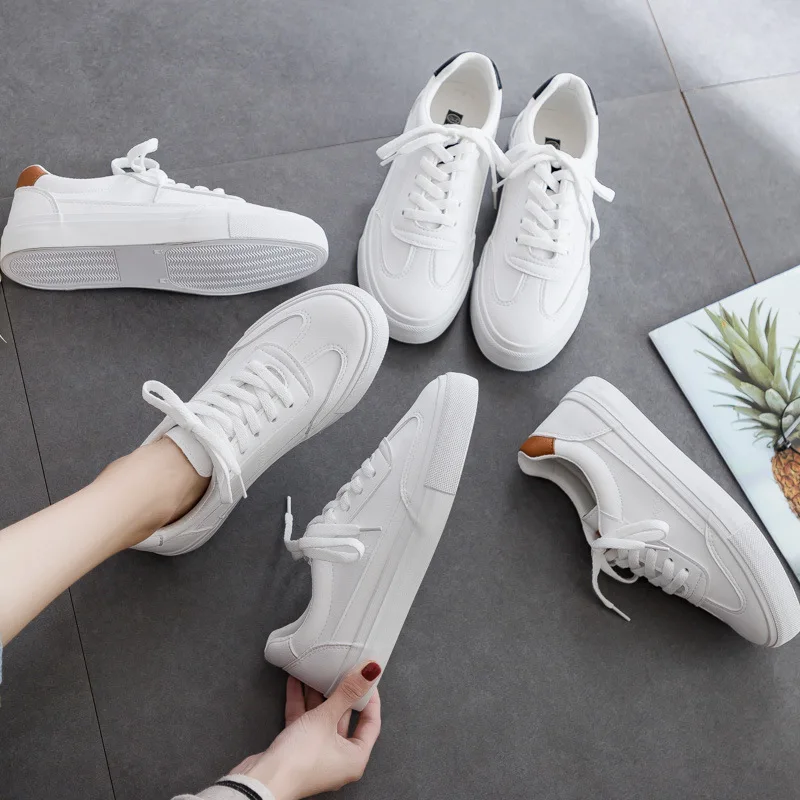 

White PU Shoes Female Breathable Classics Shoes Tidal Current Women Seanker Shoes Flat Skateboarding Vulcanized shoes AH-54