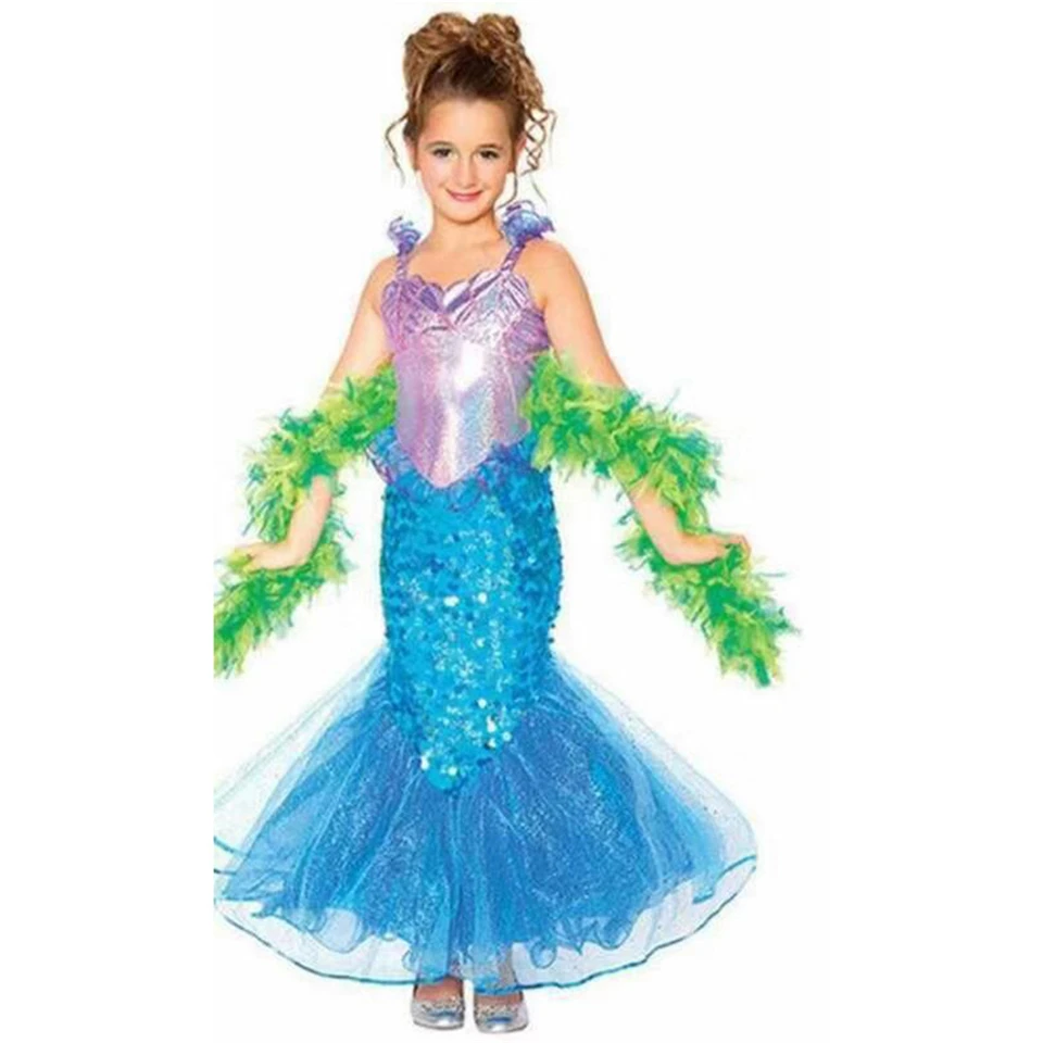 Платье принцессы Ариэль для девочек костюм Русалочки на Хеллоуин детское кружевное длинное вечернее платье без рукавов с блестками Fantasia Ariel