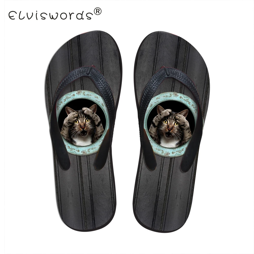 ELVISWORDS Men's Animals prints Slipper Black Cat Pattern Flip Flops