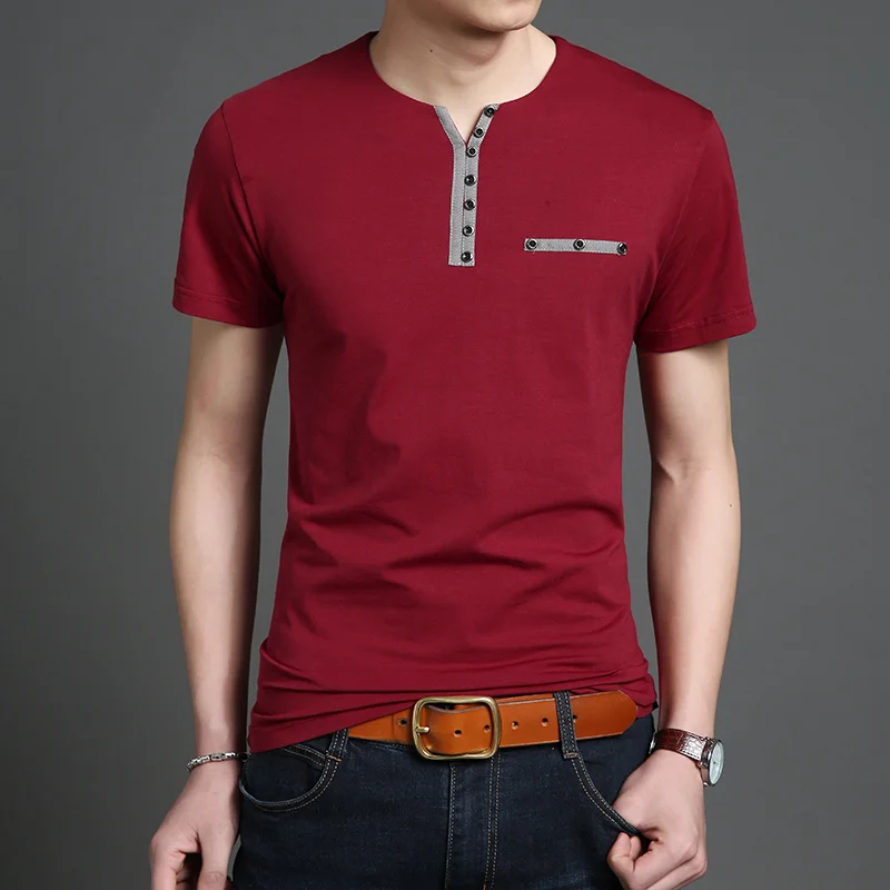 Liseaven, Мужская футболка, повседневная, хлопок, короткий рукав, футболка, сплошной цвет, v-образный вырез, короткая рубашка, мужская летняя брендовая одежда - Цвет: Красный