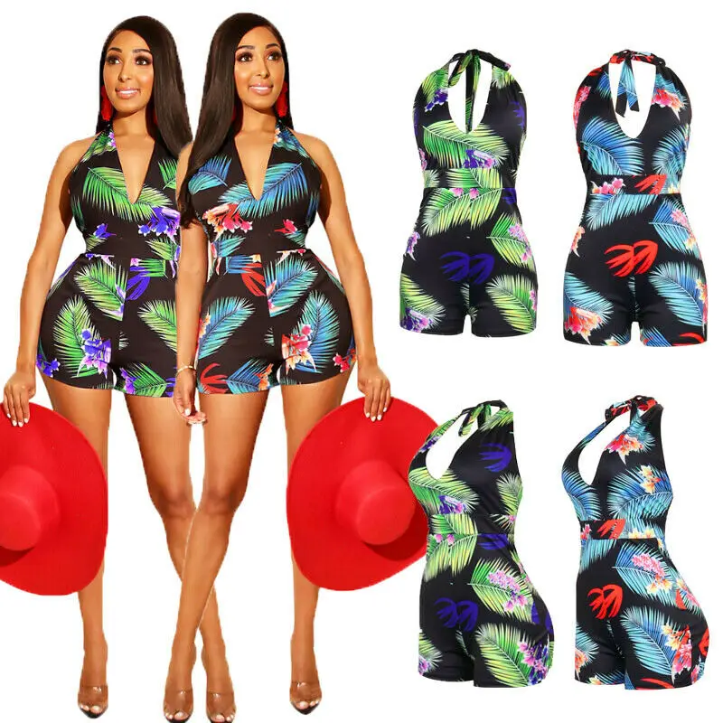 

Sexy Womens Clubwear Sleeveless Leaves Print Deep V-Neck Swimwear Playsuit Bodycon Party Jumpsuit Romper Beach Shorts