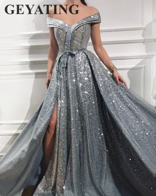 Элегантный с плеча серебристо-серый платья для выпускного вечера 2019 Vestido de festa блестящие пайетки женское вечернее платье Длинные Вечеринка