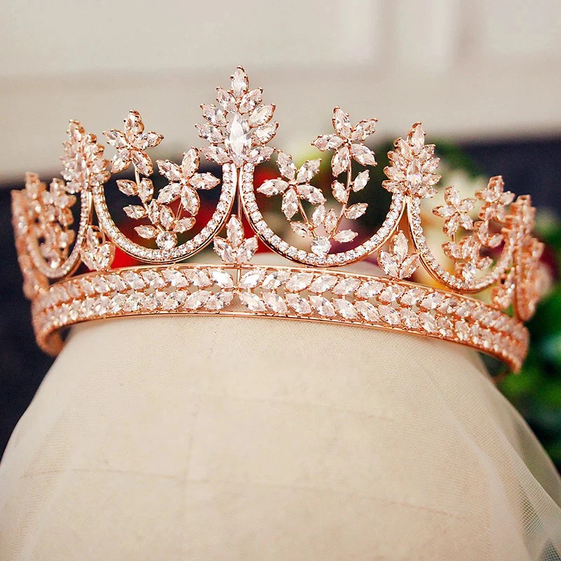 Высококачественные королевские короны из розового золота для невесты, Кристальные ободки для волос невесты, полный циркон, свадебные аксессуары для волос